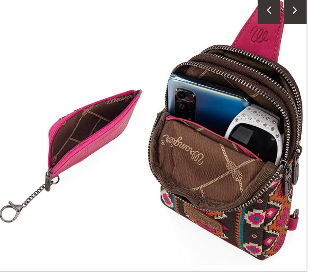 Wrangler Aztec Print Crossbody Sling Chest Bag With Zip Card Holder Set -Hot Pink