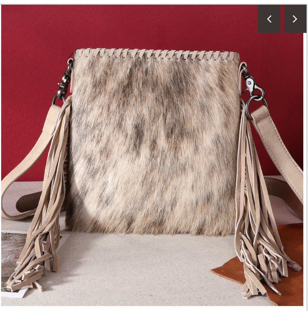 Trinity Ranch Hair-On Cowhide Fringe Concealed Carry Crossbody Bag - Tan