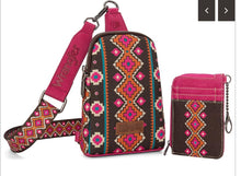 Load image into Gallery viewer, Wrangler Aztec Print Crossbody Sling Chest Bag With Zip Card Holder Set -Hot Pink
