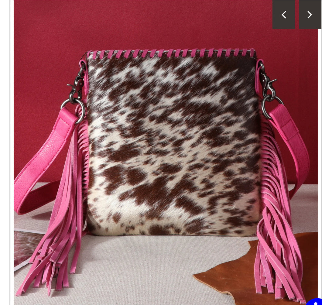 Trinity Ranch Hair-On Cowhide Fringe Concealed Carry Crossbody Bag - Hot Pink