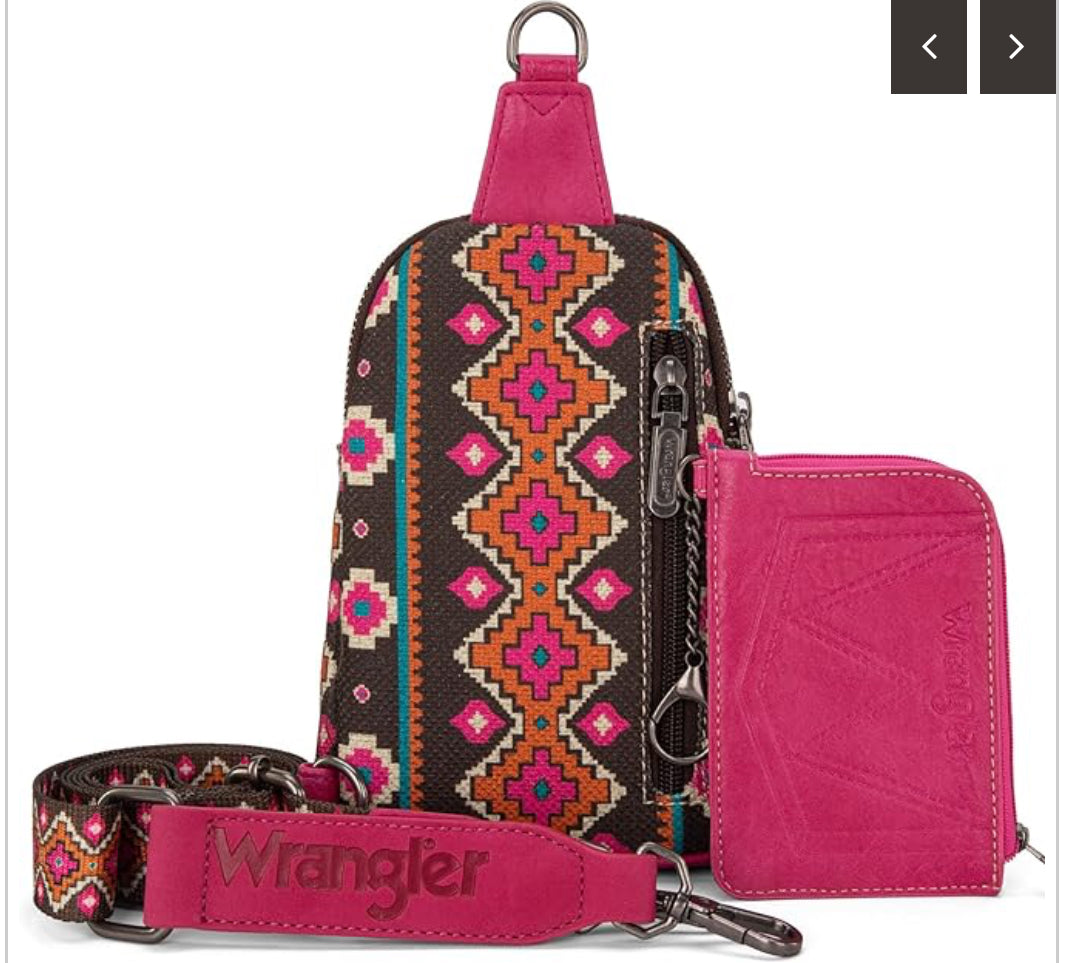 Wrangler Aztec Print Crossbody Sling Chest Bag With Zip Card Holder Set -Hot Pink