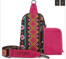 Load image into Gallery viewer, Wrangler Aztec Print Crossbody Sling Chest Bag With Zip Card Holder Set -Hot Pink
