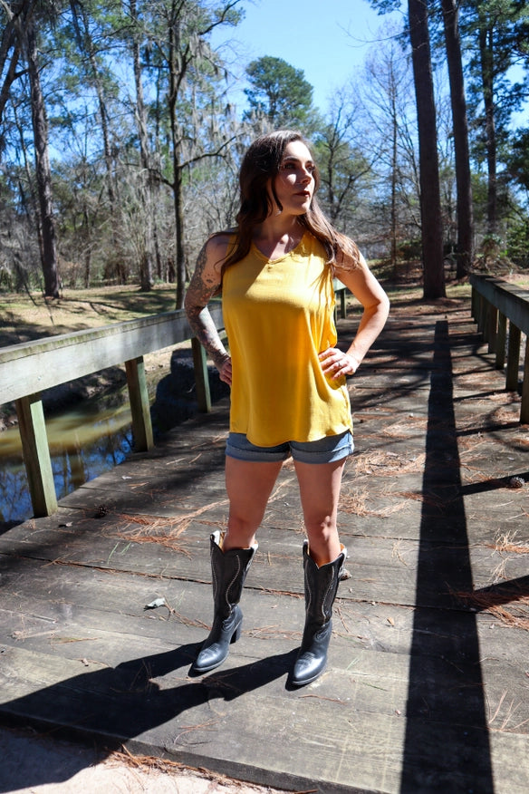 Walk Away Pintucked Tank- Mustard